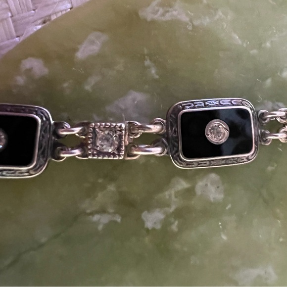 Antique Art Deco Black Onyx Clear Diamond Paste Sterling Silver Link Bracelet - Picture 6 of 8